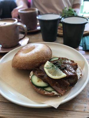 Lox bagel  at VIBE Plant Based Cafe & Restaurant in Douglas