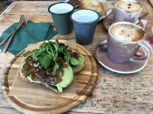 Avocado and mushroom toast  at VIBE Plant Based Cafe & Restaurant in Douglas