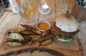 Vibe aubergine burger at VIBE Plant Based Cafe & Restaurant in Douglas