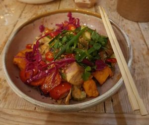Tofu and Udon with spicy peanut sauce at VIBE Plant Based Cafe & Restaurant in Douglas