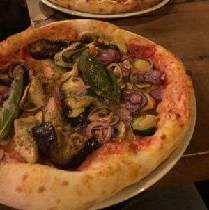 Vegan pizza Ludmila, with vegan cheese, grilled veggies and fresh basil   at Balboa in Regensburg