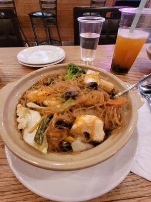Hot pot with vegan shrimp- shrimp was not flavored at all and I kept finding so many peices of ginger in the noodles. So overpowering.. at My Thai Vegan & Boba in Frisco
