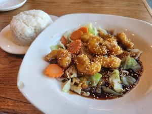 Vegan sesame with vegan shrimp, veggies, and rice at My Thai Vegan & Boba in Frisco