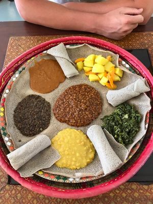 Vegan plate at Abyssinia Ethiopian Restaurant in Accra