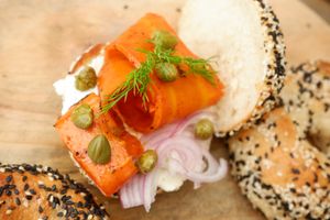 Vegan Bagel & cream cheese, smoked salmon, capers & dill at Moto.Laurie Cafe & Bistro at Moto Laurie in Da Lat