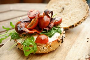 Vegan Bagel, cream cheese, rocket, tomato & smoked bacon at Moto.Laurie Cafe & Bistro at Moto Laurie in Da Lat
