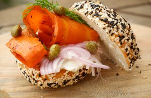 Vegan Bagel & cream cheese, smoked salmon, capers & dill at Moto.Laurie Cafe & Bistro at Moto Laurie in Da Lat