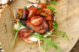 Vegan Bagel, cream cheese, rocket, tomato & smoked bacon at Moto.Laurie Cafe & Bistro at Moto Laurie in Da Lat