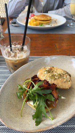 Bagel with vegan bacon and iced cappuccino with soy milk   at Moto Laurie in Da Lat
