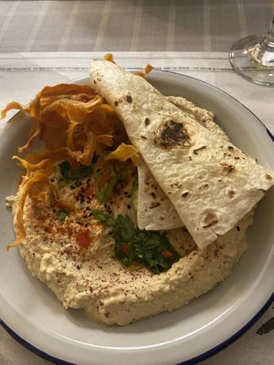 Hummus with sweet potato chips  at 33 Gastronauts in Sofia