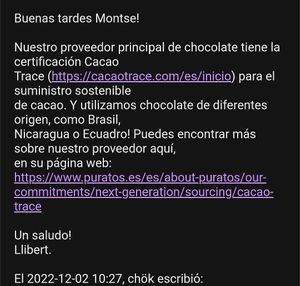 Their cocoa fair trade certifications! (Asked them per email) / Certificados de cacao de comercio justo (consulta por email) at Chök - Sevilla in Sevilla