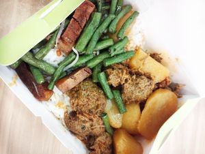 Rice with 2 portion of curry potatoes with  mock meat and 1 long bean dish  at ABC Vegetarian Food 健康素食 - Toa Payoh in Central Singapore