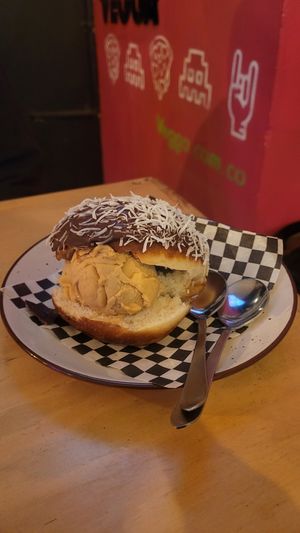 donut with coconut and chocolate filled with ice cream of your choice at Vegga in Bogota