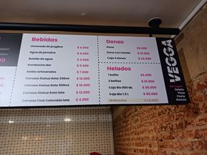 Menu for drinks, donuts, and ice cream at Vegga in Bogota
