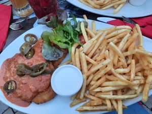 Vegan Schnitzel with peanut sauce at Cafe Extrablatt in Freiburg