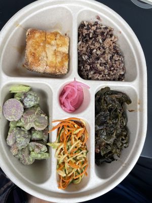 Tofu, grains, zoodles, greens, pickled onions, and potato salad   at Bloom in Seattle