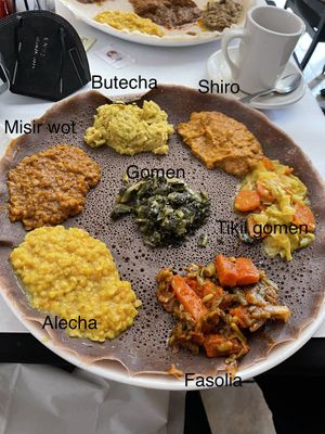 Dinner Vegetarian Combination Platter (it’s vegan). FYI: Misir wot, butecha, and shiro are all spicy.   at Meskerem in St Louis
