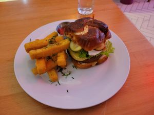 Chickpea burger with polenta fries at Plant Bar in New York City