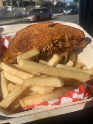 Birria Melt with Fries  at Viva Vegan in Colton