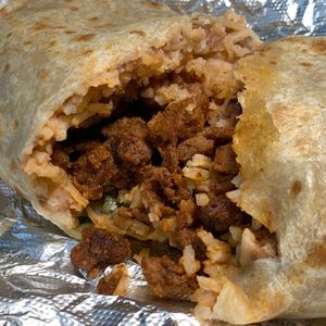 Vegan OG Burrito: Flour Tortilla, Vegan Jackfruit Asada, Beans, Rice, Onions, Cilantro at Viva Vegan in Colton