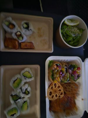 Teriyaki tofu roll, garlic edamame, avocado roll, and tofu lovers. 😋 at Yuki in the Hills in Aldgate