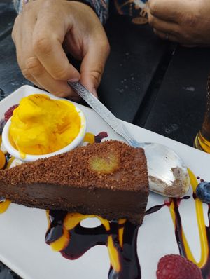 Vegan chocolate orange mud cake at Macgochans in Isle Of Mull