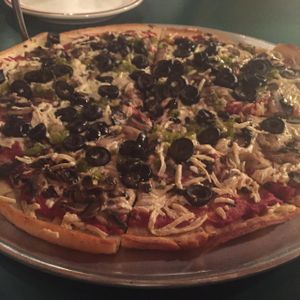 build your own, mushrooms, black olives and peppers  at Lake Tahoe Pizza Company in South Lake Tahoe