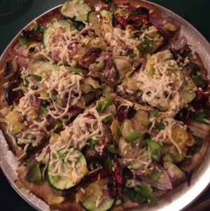 California veggie pizza! GF and with nondairy cheese at Lake Tahoe Pizza Company in South Lake Tahoe