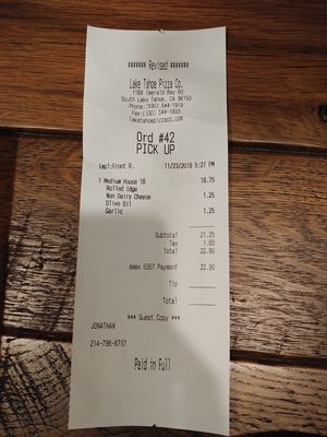 Receipt at Lake Tahoe Pizza Company in South Lake Tahoe