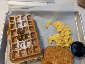 Savory masa waffle platter (vegan) at Basalt in Grand Rapids