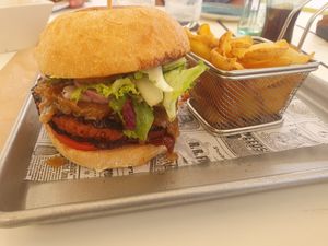 Vegan soy burger with fries. at Casablanca  in Guardamar Del Segura