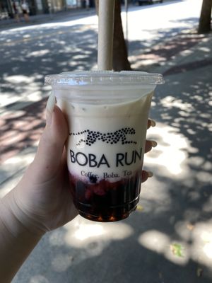 Strawberry milk with oat milk and boba   at Boba Run in Vancouver