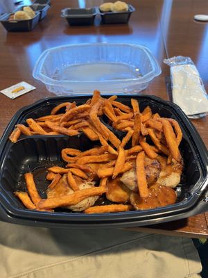 Work Lunch! Grilled BBQ Soy Nuggets and Vegan-Friendly Sweet Potato Fries (Shared Fryer)  at The Pit in Raleigh
