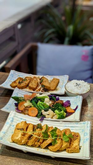 Vegan Spicy Stir-Fried Beancurd, Sauteed Wheat Meat with Vegetables and Black Pepper Sauce, Green Papaya Salad with Tofu at Paper Rice - Atrium in Central Singapore
