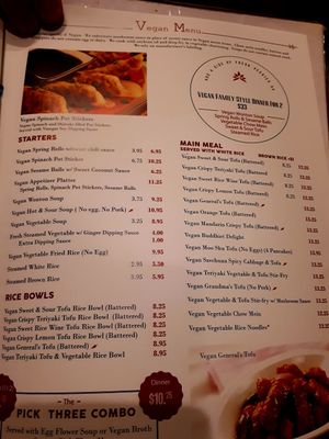 Vegan menu at Red Dragon in Spokane