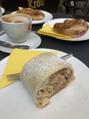 Apple strudel (no gluten), pretzel and almond cappuccino    at Strudel Cafe Kröll in Innsbruck