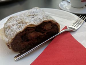 Plum-walnut vegan strudel at Strudel Cafe Kröll in Innsbruck