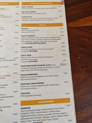 Vegan Section of Menu at Tom's Pan German Bakery in Nuevo Arenal