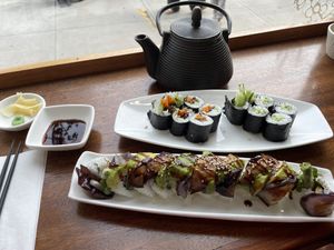 Oshinko and cucumber rolls in the back  at Hanazono in Port Townsend