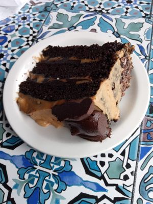 Vegan salted caramel cake. Photo credit: Jay Turner of Gravesham Vegans Facebook group at Pureplanet Cafe & Shop in Rochester