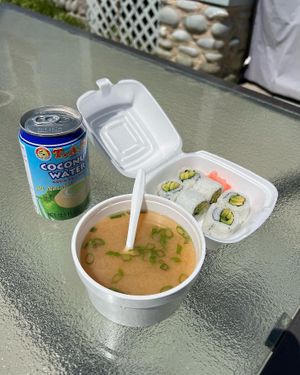 Avocado sushi, coconut water,and miso soup👍🏼👍🏼  at Honey Bee's in Yarmouth