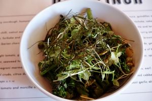 Sprouting broccoli, fermented cabbage, jalapeño, and almonds  at Ox and Finch in Glasgow