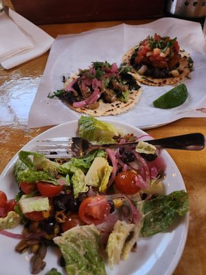 kale and mushroom taco (no cheese), potato and bean taco, and chopped salad (no cheese). don't let the small plate fool you, you get a HUGE salad in a big bowl at Black Sheep in Bellingham