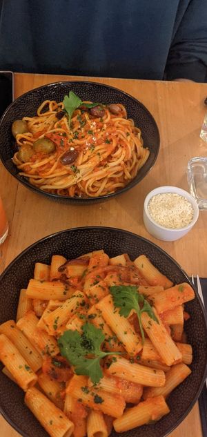 Rigatoni & spaghetti with vegan parmesan at The Italian Kitchen in Sheffield