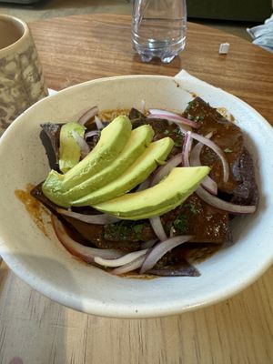 Chilaquiles - no cheese, no cream. Could definitely ordered with a tofu addition   at Amamba in Mexico City