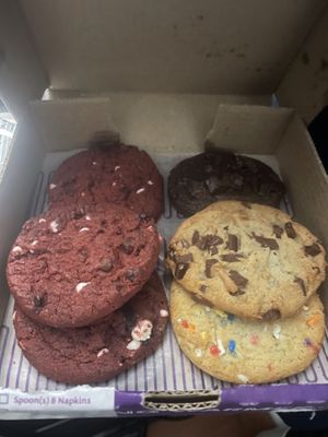 Vegan cookies, including vegan red velvet cookies and cream  at Insomnia Cookies in Cambridge