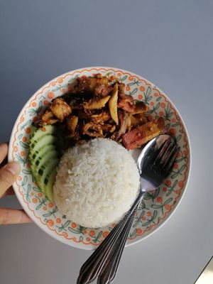 Fried TVP, mushroom with garlic and pepper #Veganuary at Green Dining in Hua Hin