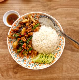 basilicum vegan pork and mushrooms  at Green Dining in Hua Hin
