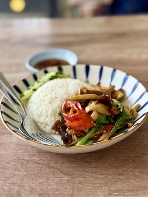 Holy basil stir fry with mock duck and mushrooms   at Green Dining in Hua Hin