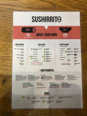 The English menu, V means vegetarian and VG means vegan.  at Sushirrito in Belgrade